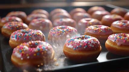 Delicious donuts with colorful sprinkles on a tray, ready to eat. - Powered by Adobe