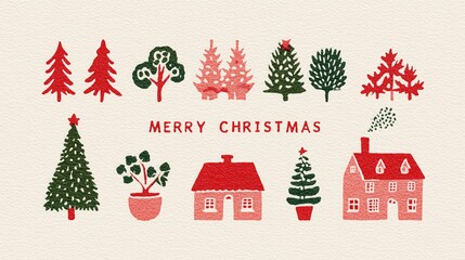 Christmas Vintage Illustration with "Merry Christmas" Text, Various Trees, Houses and Plants in Textured Art Style, Ideal for Holiday Wallpaper, Poster, Greeting Card and Design Inspiration