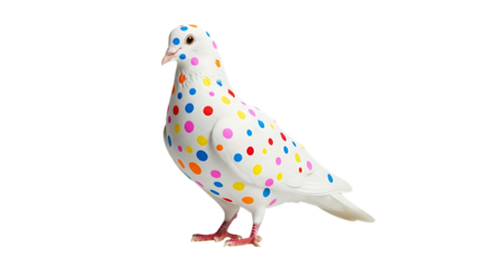 A white pigeon adorned with colorful polka dots stands against a stark black background