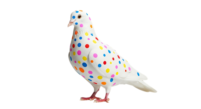 A white pigeon adorned with colorful polka dots stands against a stark black background