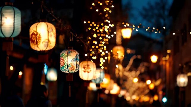 Chinese lunar new year Chunjie celebration concept. lanterns at night with bokeh effect, creating a warm and inviting atmosphere. The scene is illuminated by the soft glow of lights.
