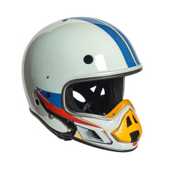 Fototapeta premium White and blue retro full-face motorcycle helmet with yellow chin guard and classic stripes, isolated on a black background.