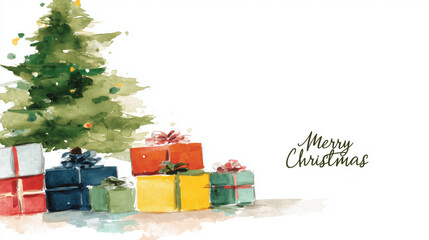 Christmas Watercolor Illustration with Tree, Colorful Gifts and "Merry Christmas" Text, Ideal for Holiday Wallpaper, Poster, Greeting Card and Design Inspiration