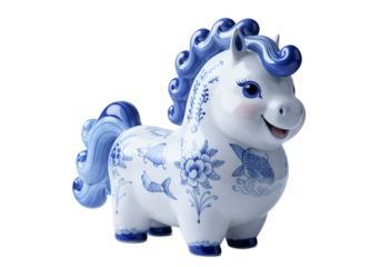 A smiling, cute ceramic horse reimagines traditional blue-and-white porcelain art through a whimsical design, complete with short legs and a cloud-like mane.