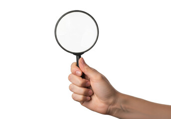 Hand holding a magnifying glass with a smoky lens isolated on transparent background