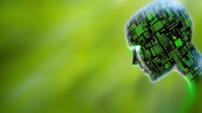 Abstract representation of a human head made from digital circuitry. Symbolizes artificial intelligence and technological advancement.