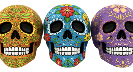 Three vibrantly decorated sugar skulls with intricate patterns and floral designs against a black background