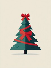 Christmas Modern Minimalist Illustration of a Tree with Red Bows and Ribbons, Ideal for Holiday Wallpaper, Poster, Decor and Design Inspiration