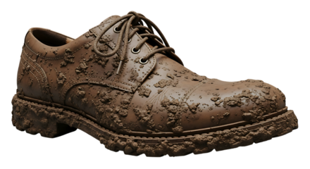 A single brown leather oxford shoe caked in thick mud and dirt against a black background