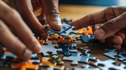 Fototapeta premium Hands Assembling Jigsaw Puzzle Pieces Close Up Overhead View on Wooden Tabletop Surface Game Solution Concept