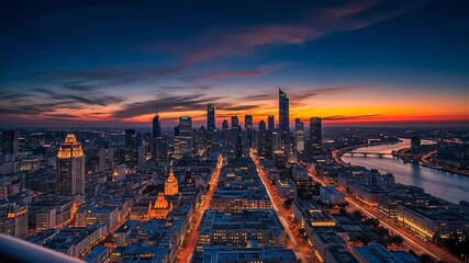 Panoramic view of a modern city skyline at sunset with vibrant colors