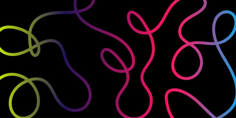 Vibrant abstract flowing gradient ribbons lines on a black background. These vibrant strands twist curve stark background, creating a festive, energetic, catching display. 