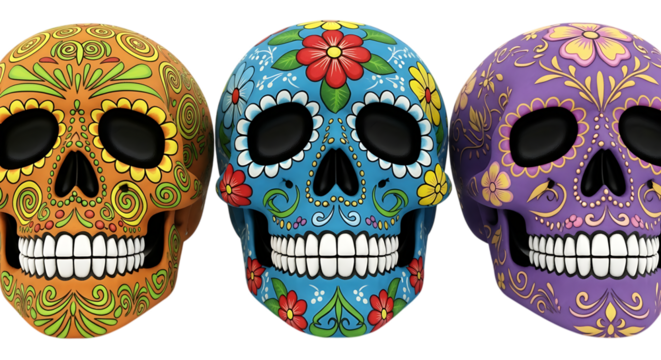 Three vibrantly decorated sugar skulls with intricate patterns and floral designs against a black background