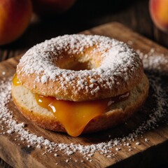 Ok Close-up side view of a homemade apricot polish paczki donut on wooden board with powdered sugar