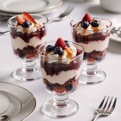 Ok Elegant dessert cups showcase layered cream fruit and syrup in a classy setting