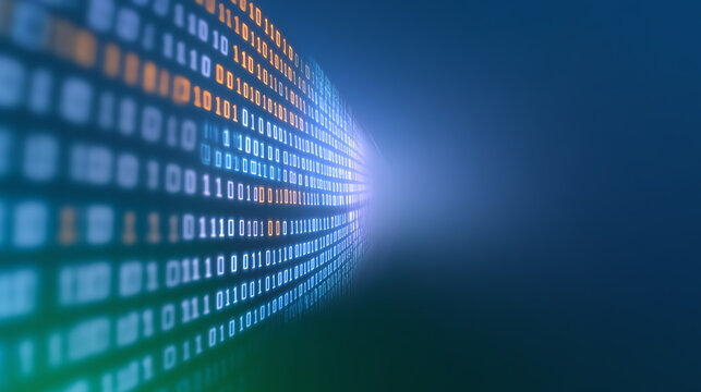 Abstract representation of digital data flow with binary code and gradient colors, illustrating technology and innovation concepts.