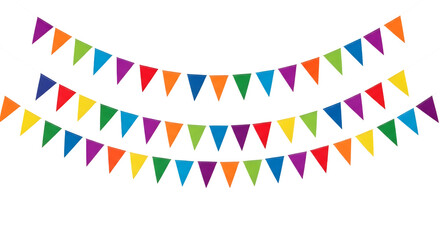 Colorful triangular flags strung together on strings creating a festive decoration against a black background