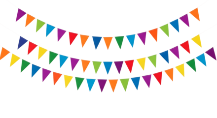 Colorful triangular flags strung together on strings creating a festive decoration against a black background