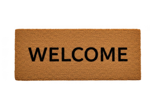 Brown coir doormat with welcome text isolated on transparent background