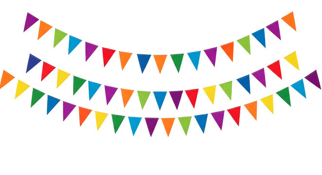 Colorful triangular flags strung together on strings creating a festive decoration against a black background