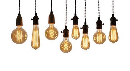 Collection of various vintage edison light bulbs with glowing filaments hanging against a dark background
