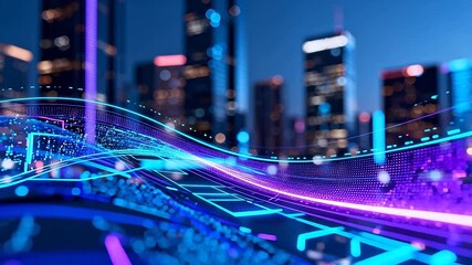 Futuristic cityscape with glowing lines - Powered by Adobe