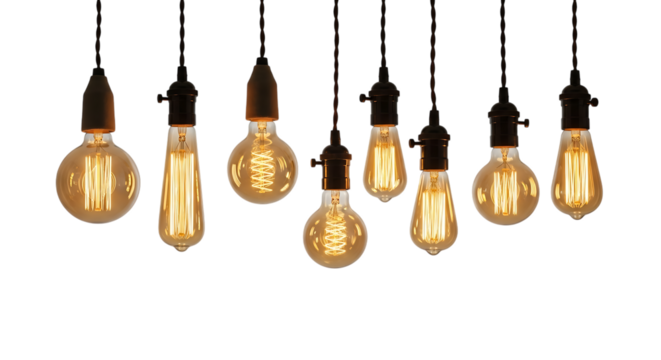 Collection of various vintage edison light bulbs with glowing filaments hanging against a dark background - Powered by Adobe