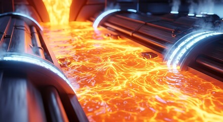 Molten river of orange and yellow flowing between metallic structures futuristic impression