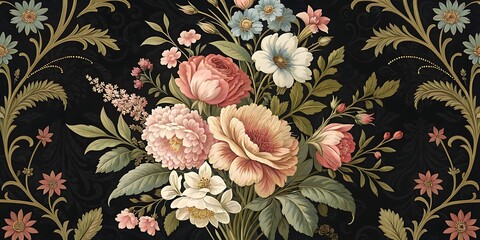 Vintage seamless floral background pattern with beautiful pink rose flowers and green leaves