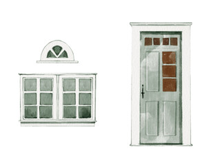 Window with shutters, vintage watercolor illustration, hand drawn on transparent background.