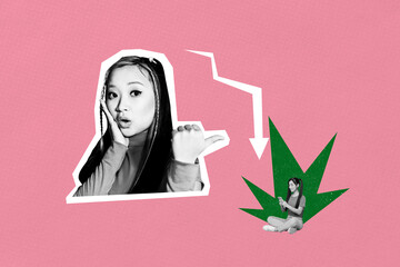 Full trendy image 3d collage poster of two shocked businesswomen partners arrow regress inflation economy collapse surf phone