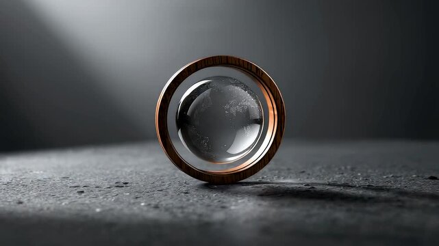 Crystal Clear Glass Sphere with Copper Rim Standing on Dark Concrete Surface Minimalist