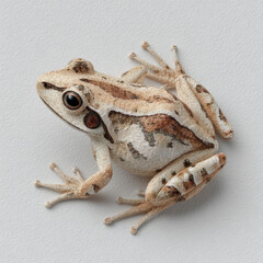 Close-up of a brown and white frog with textured skin, resting on a smooth light-colored background.
