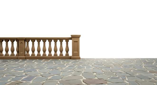 Elegant stone balustrade and patterned floor with a stark black background for copy space