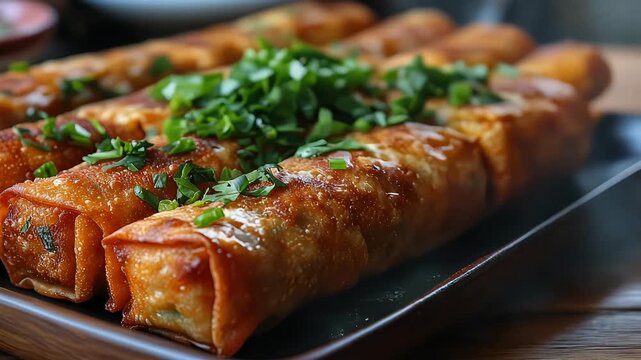 Delicious golden-brown spring rolls with fresh green herbs on a wooden tray.