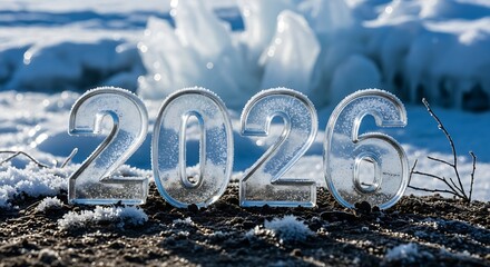 Ice numbers spelling out twenty twenty six on frozen ground with ice formations in the background