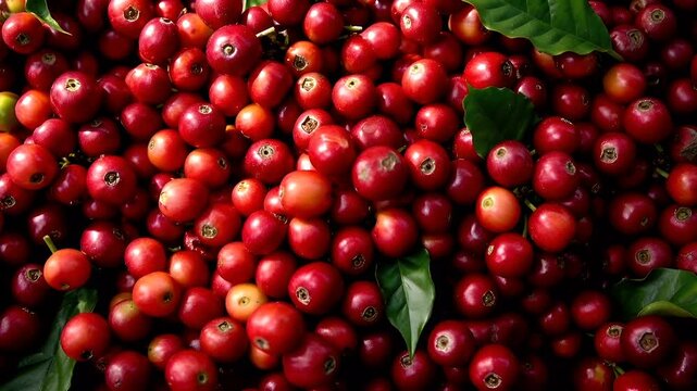A closeup view of red coffee beans with green leaves. The beans are densely packed, with a rich red hue that stands out against the green backdrop.