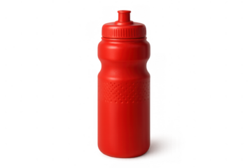 Red plastic reusable sports bottle for hydration and fitness, standing on a transparent background