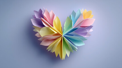 A colorful, heart-shaped origami made of intricately folded paper in multiple pastel hues, displayed on a soft grey background.