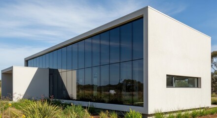 Fototapeta premium Modern building with glass wall, minimalist design under a clear blue sky
