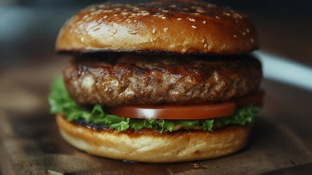 Delicious Gourmet Burger with Fresh Ingredients on a Wooden Board.