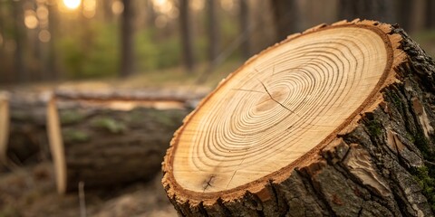 Old natural section of cut wooden tree stump trunk with texture rings