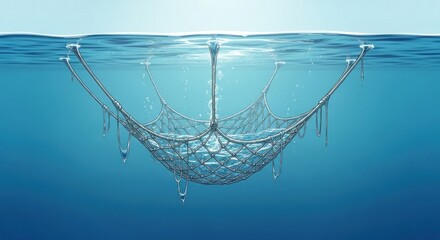 Netting suspended in water, collecting debris, innovation, ocean cleaning