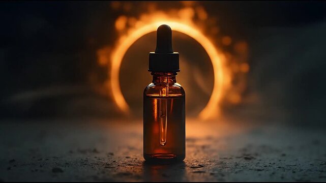 Mystical Amber Dropper Bottle with Glowing Ring Background, Luxury Skincare, CBD or Essential Oil Product Shot