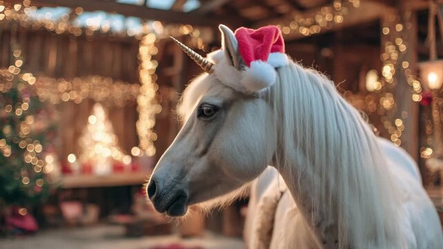 festive unicorn in the stable wearing a santa hat animation