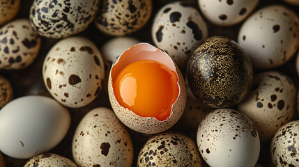 Obraz premium Quail Eggs Fresh Raw Ingredients Close Up Shot on Rustic Wooden Background Natural Food Gourmet Cooking Ingredient Healthy Eating Still Life Shot Perfect for Recipes and Editorial Content