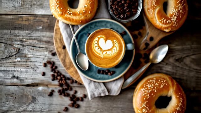 A closeup shot of a cup of coffee with a heartshaped latte art on a saucer, accompanied by a bagel and coffee beans. The scene is set on a rustic wooden table.