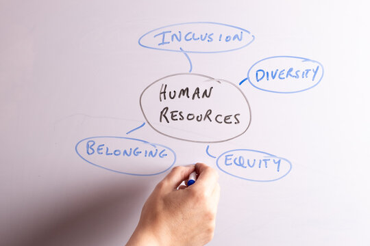 An HR business professional is drawing a Human Resources mind map on a whiteboard ideal for HR, recruitment, and business workplace presentations.