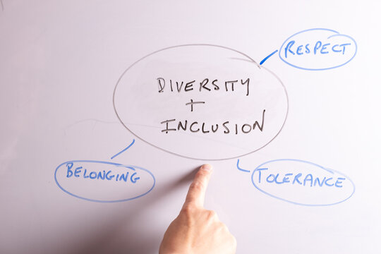 An HR business professional is pointing to a Diversity Inclusion DEI mind map on a whiteboard ideal for HR, recruitment, and business workplace presentations.