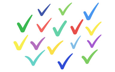 Colorful Check Marks Scattered on White Background, Symbolizing Success and Agreement